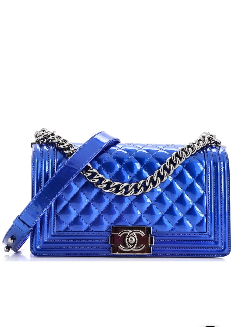 Metallic Blue Chain-Handle Chanel Boy Bag